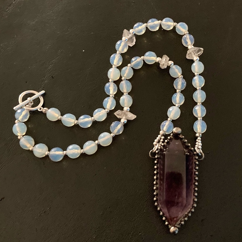 Amethyst , Herkimer diamonds crystal quartz & blue opalite beads boho necklace - Picture 11 of 16